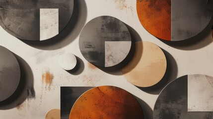Fototapete - A composition of overlapping circles and squares in a monochrome palette with orange accents.