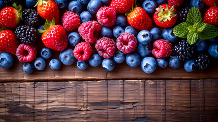 Wall Mural - Wild berries close-up on wooden background