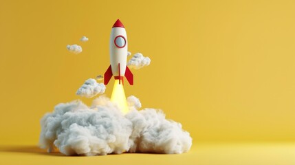 Poster - Three-dimensional rendering of a minimal 3D rocket taking off over a soft yellow background. Success concept.