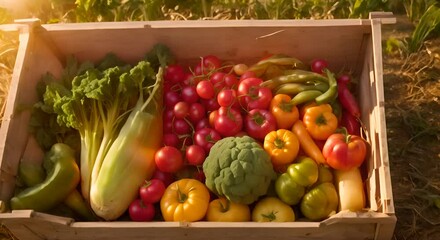 Wall Mural - Various kinds of vegetables harvested in a wooden box in a field with sunset Natural organic fruit abundance Agriculture healthy and natural food concept Video