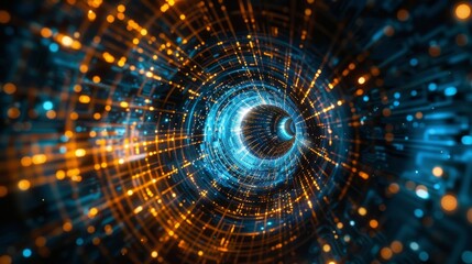 Aufkleber - Futuristic cyber tunnel. Sci-fi modern wormhole. Abstract 3D wireframe portal with connections and dots. Technology grid funnel.