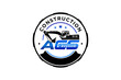 Logo design of an excavator at a construction site with the initials letters ACS, rounded emblem badge shape.