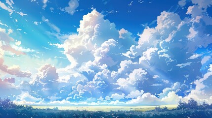 Poster - The sky boasts a refreshing hue of blue adorned with fluffy white clouds gently dancing in the wind a harmonious greeting to the world on this beautiful morning offering a captivating view 