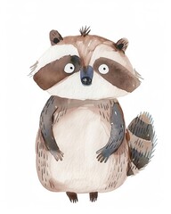 Wall Mural - racoon, super cute adorable baby animal nursery clipart watercolor illustration isolated on white background, Generative Ai