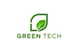 Technology logo design with green leaf elements and semiconductor circuit.