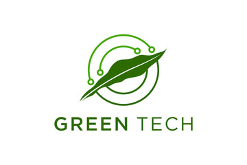 Wall Mural - Technology logo design with green leaf elements and semiconductor circuit.