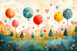Playful landscape with colorful balloons and whimsical trees, ideal for children's books and playful themes.