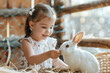Adorable little girl playing with pet rabbit at home