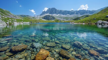 Wall Mural - scenic mountain lakes, calming mountain lakes mirror the clear blue sky, providing a refreshing escape from the summer heat