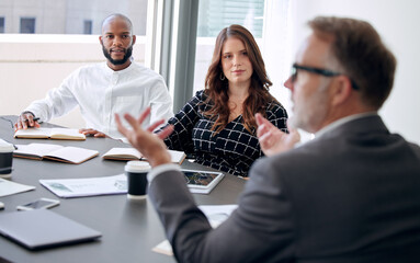 Canvas Print - Meeting, business people and mentor for training in boardroom, talking and planning for growth. Employees, speaking and teamwork for problem solving, solution and internship opportunity at agency