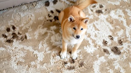 a cute Akita Inu puppy seated on a carpet adorned with unsightly dirty stains, within the cozy confines of a home.