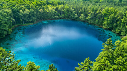 Wall Mural - drone capture of a crystalline blue lake surrounded by dense forests in the heart of summer