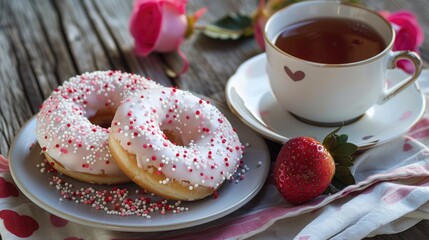 Sticker - Indulge in the sweetness of two heart shaped donuts adorned with a delightful white glaze scattered with vibrant pink and red sprinkles accompanied by a luscious strawberry and a steaming c