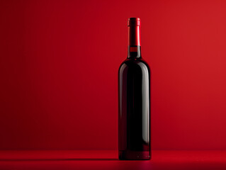 A sophisticated black wine bottle highlighted against a vivid red background, emphasizing modern elegance and style. Stylish Wine Bottle on Vibrant Red Background

