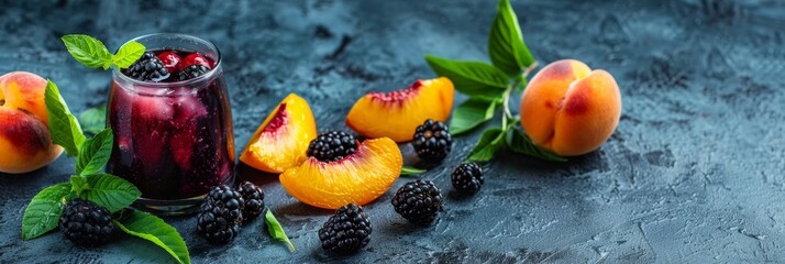 Canvas Print - Fresh Blackberry Juice and Sliced Peach A Vibrant Summer Refreshment