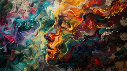 Fototapete - A captivating canvas reflects a vibrant blend of swirling colors, conveying a sense of dynamic movement and emotion.