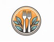logo restaurant avec deux fourchettes dans une assiette et des feuilles, écriture libre en dessin ia