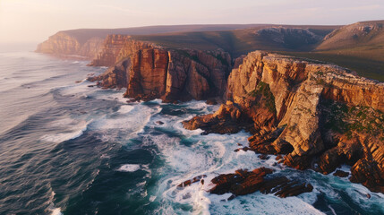 Wall Mural - Drone view of a rugged coastline with crashing waves and dramatic cliffs