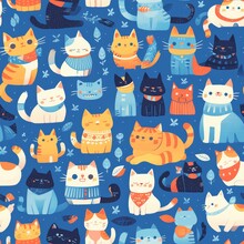 A Seamless Pattern Of Colorful Cats, With Each Cat Having Its Own Unique Design And Color Palette, Arranged In An Orderly Manner On The Fabric Surface. 