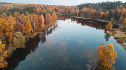 Wall Mural - drone view of a serene lake surrounded by autumn-colored forests, reflections in the calm water