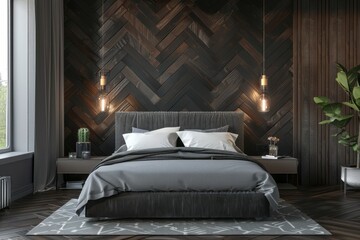 Wall Mural - Modern bedroom interior with dark wood herringbone wall paneling and gray bed
