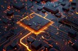 High-tech chip on an intricate circuit board, glowing with golden orange color light against the dark background.