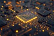 High-tech chip on an intricate circuit board, glowing with golden light against the dark background.