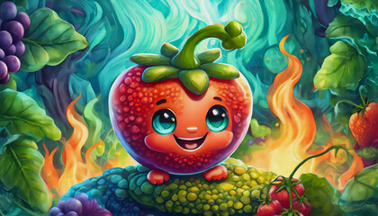 Wall Mural - oil painting style CARTOON CHARACTER CUTE happy Red tomato pepper is sitting in front of fire with smoke billow.,