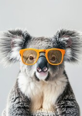 Sticker - a realistic cute baby koala, wooden orange sunglasses, light coloured background