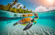 Tartaruga sospesa a mezz'acqua, sullo sfondo un'isola tropicale.