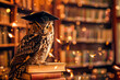 An wise owl wearing a graduation hat and sitting on top of books in the library.
