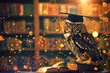 An wise owl with a graduation hat sitting on top of books in the library.