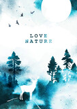 Fototapeta Dinusie - Love nature. Vector watercolor template. Mystical foggy landscape. Hand drawn frame with deer, bird, forest, hills, moon and place for text or illustration.  All elements are individual objects