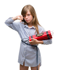 Poster - Young blonde child holding dynamite bomb with angry face, negative sign showing dislike with thumbs down, rejection concept