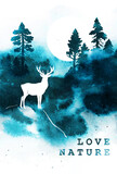 Fototapeta Dinusie - Watercolor vector foggy coniferous forest in blue and black colors. Love nature concept. Silhouette of firs, mountains, deer, moon, text. Illustration with splashes for print, banner, card