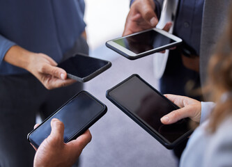Poster - Phone screen, hands and business people in office with mockup for advertising, information and b2b networking. Smartphone, space and crowd with contact us, display or app data, transfer and download