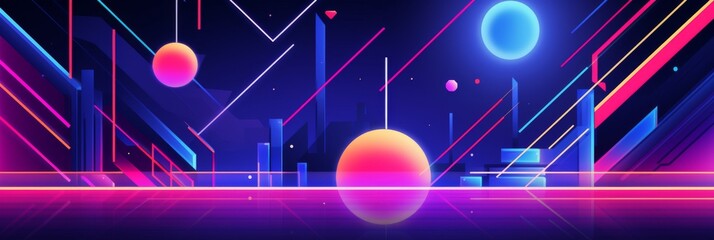 Wall Mural - Neon Cityscape With Floating Spheres And Light Lines. Futuristic Abstract Neon Background. Generative AI