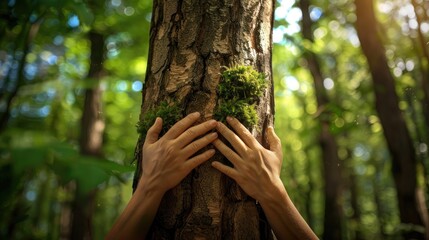 Wall Mural - Illustrating the essence of the International Day of Forests A pair of human hands cradling a towering tree against a backdrop of a lush blurred green forest