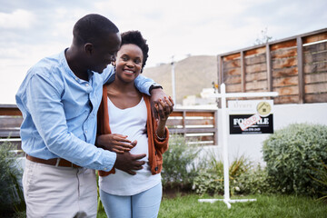 Sticker - Outdoor, smile and black couple with new home, hug and achievement with mortgage loan approval, real estate and excited. Happiness, man and woman with embrace, pregnant or investment with property