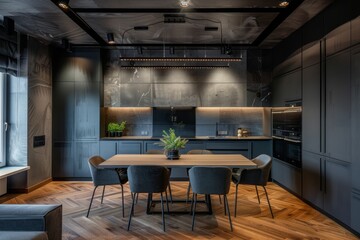 Sticker - Modern interior design, kitchen with dining table and chairs, grey wall panels with light gray tiles