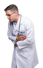 Sticker - Handsome young doctor man with hand on stomach because nausea, painful disease feeling unwell. Ache concept.