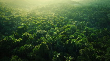 Wall Mural - Overhead shot of a sprawling rainforest with a dense canopy, showing the rich biodiversity and vibrant greens