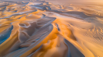 Overhead drone photograph of a desert landscape, featuring sprawling sand dunes and intricate patterns formed by wind, captured at sunset