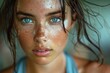 © Larisa AI - Close-up portrait of a young woman's face highlighting the sweat beads and intense gaze