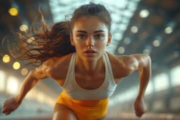 Wall Mural - An intense athletic woman focused on sprinting forward on an indoor track with dynamic movement and concentration