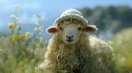 Sheep looking on camera with nature background