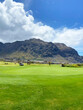 View of green golf course in Buenavista del Norte,Tenerife,Canary Islands,Spain.Selective focus.
