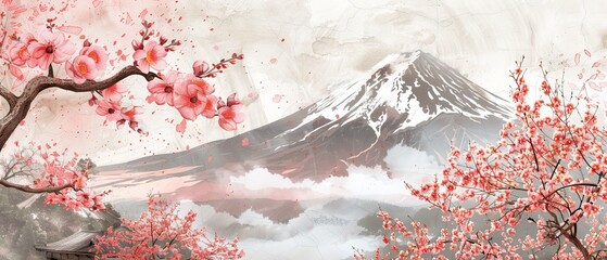 Wall Mural - In Japanese style, Fuji mountain is illustrated with a flower modern. Watercolor texture background, art landscape.