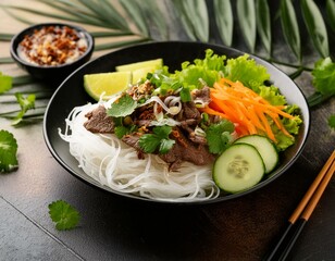 Bò bún avec vermicelle de riz, bœuf, pousse de soja, salade, concombre, carotte, menthe, citron