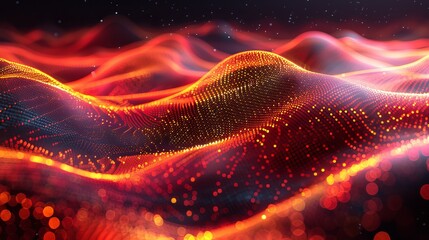 Poster - Big data visualization. Stream of sounds. Abstract background with dots interwoven. 3D rendering.